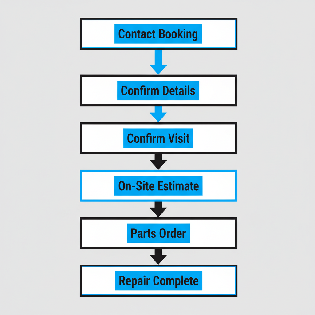 Vertical process flow illustrating the six steps to schedule and complete a Sub-Zero appliance repair, from initial contact to repair completion.