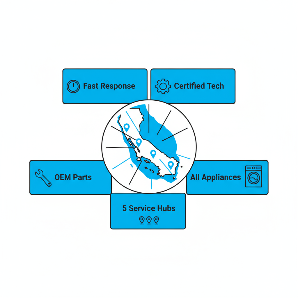 Infographic showing service coverage across San Francisco, San Mateo, Berkeley, and Oakland with quick response times and certified technicians.