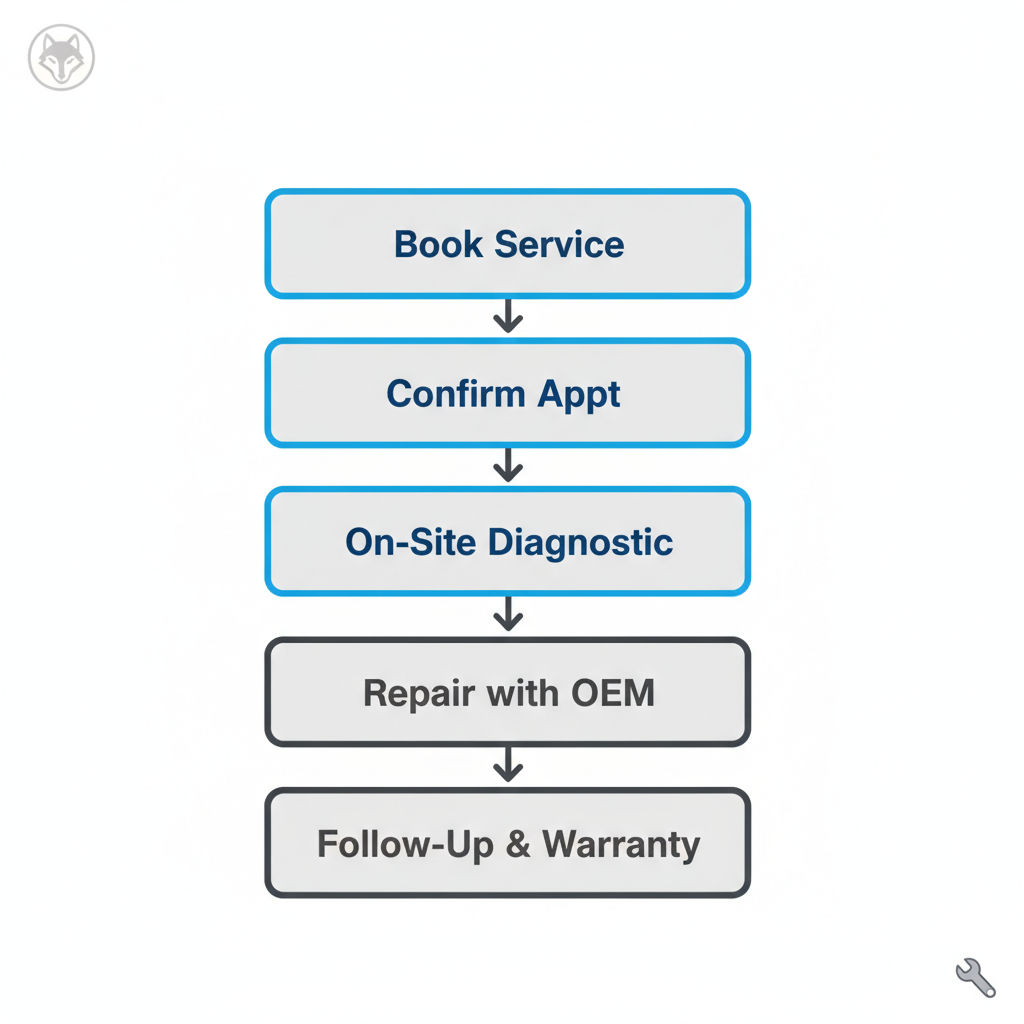A vertical process flow diagram illustrating the five steps to book and complete an appliance repair service, from booking to follow-up.