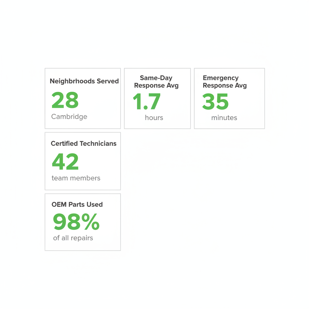 Infographic showing service coverage in Cambridge, response times, and trust signals for Wolf Appliance Repair Pros.