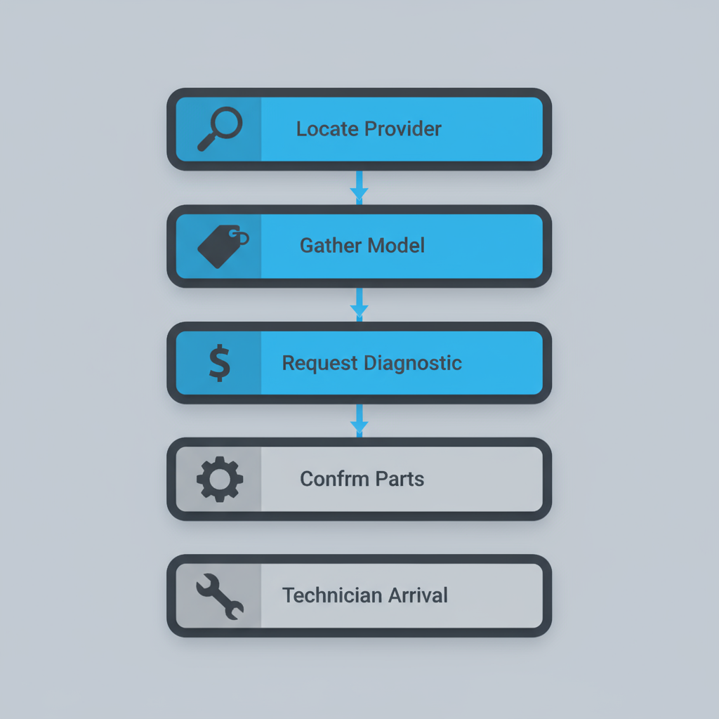 A vertical process flow illustrating the five steps to book an appliance repair service, from locating a provider to technician arrival.