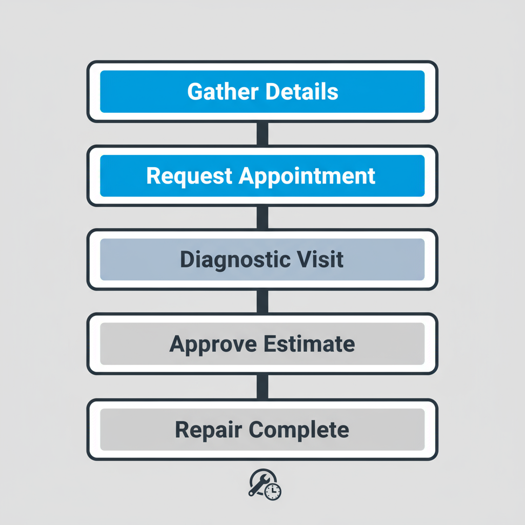 Vertical process flow illustrating 5 steps for local appliance repair booking and completion, from gathering model details to repair completion.