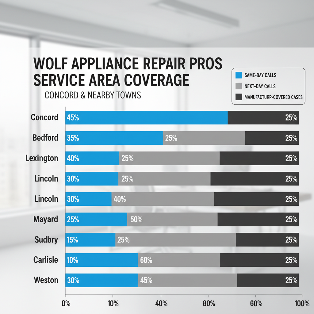 Landscape bar chart visualizing Wolf Appliance Repair Pros service coverage frequency for Concord and surrounding towns, detailing same-day, next-day, and manufacturer-covered service calls.
