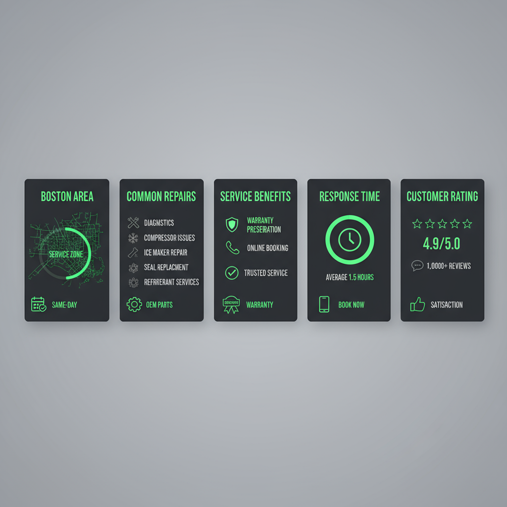 Infographic detailing Wolf appliance repair service coverage and typical repair categories in Boston and surrounding areas including Cambridge and Wellesley.