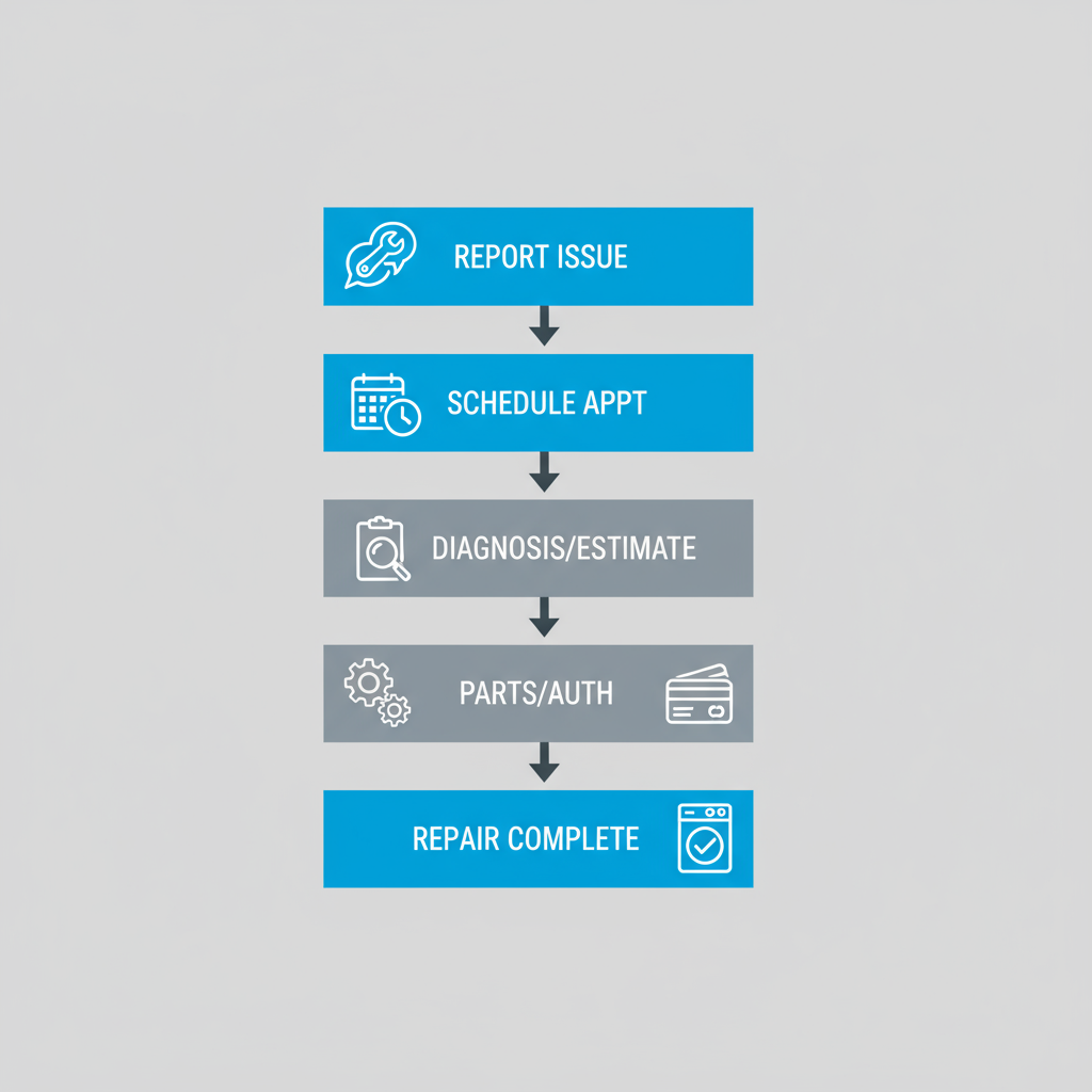 A vertical process flow diagram showing five steps for booking and completing appliance repair service. Steps include reporting an issue, scheduling an appointment, diagnosis and estimate, parts ordering and authorization, and repair completion.
