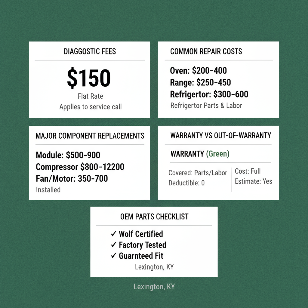 Infographic showing typical appliance repair cost ranges, warranty information, and OEM parts checklist for Lexington homeowners.