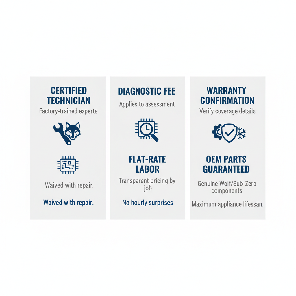 Infographic detailing the expectations for a high-end appliance service visit, including technician certification and warranty.