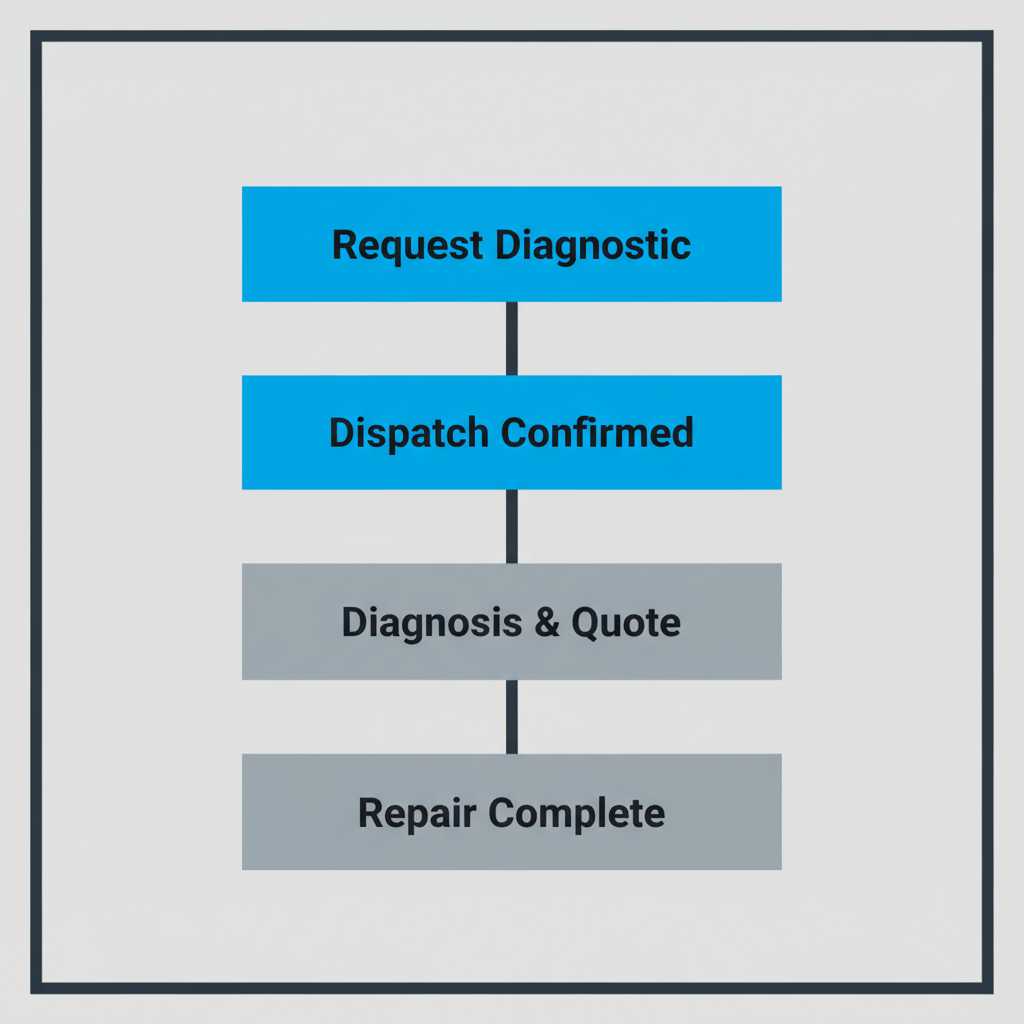 Vertical process flow illustrating the four steps to book appliance repair service: Request Diagnostic, Dispatch Confirmed, Diagnosis & Quote, and Repair Complete.