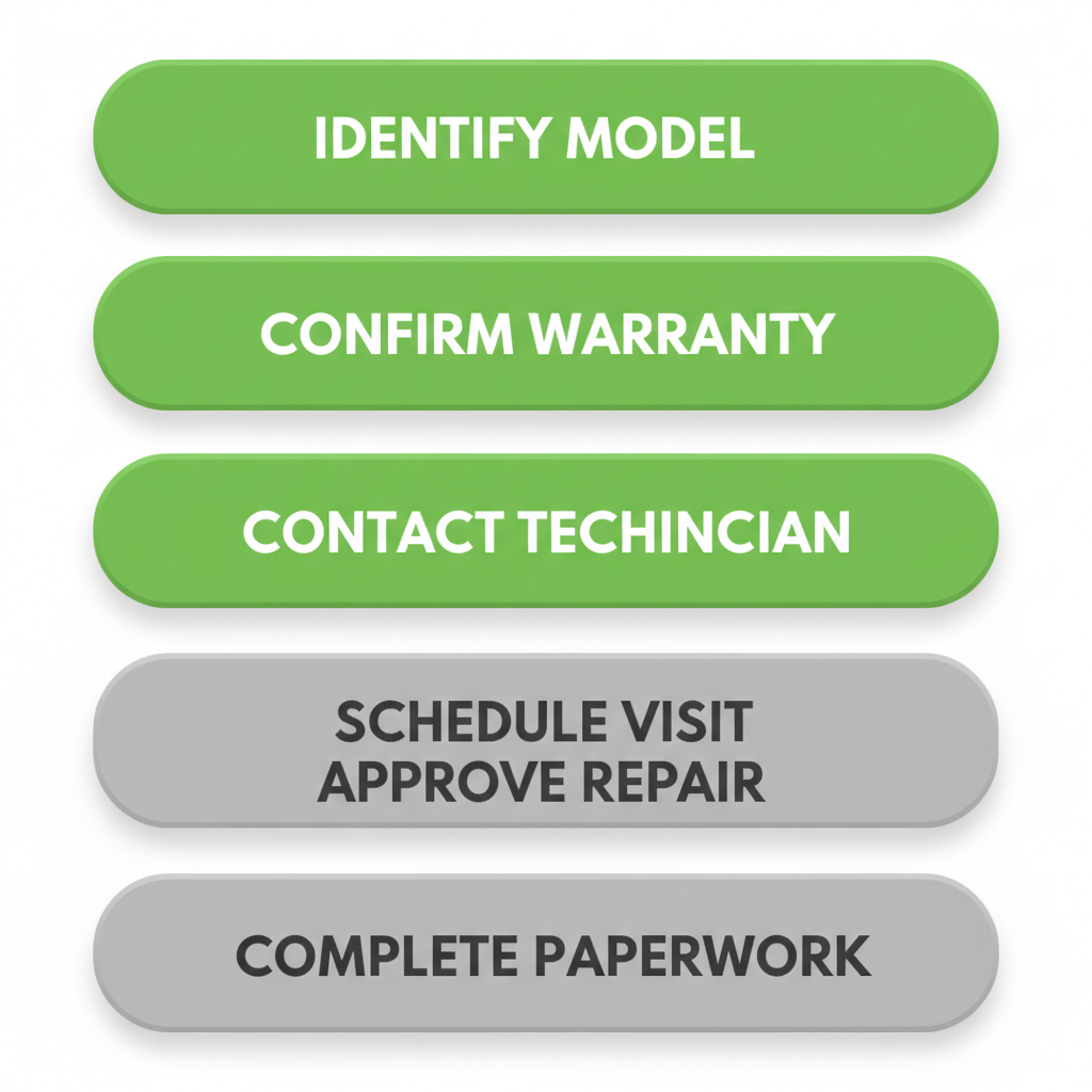 A vertical process flow illustrating the six steps to book an appliance repair service, from identifying the model to completing paperwork.