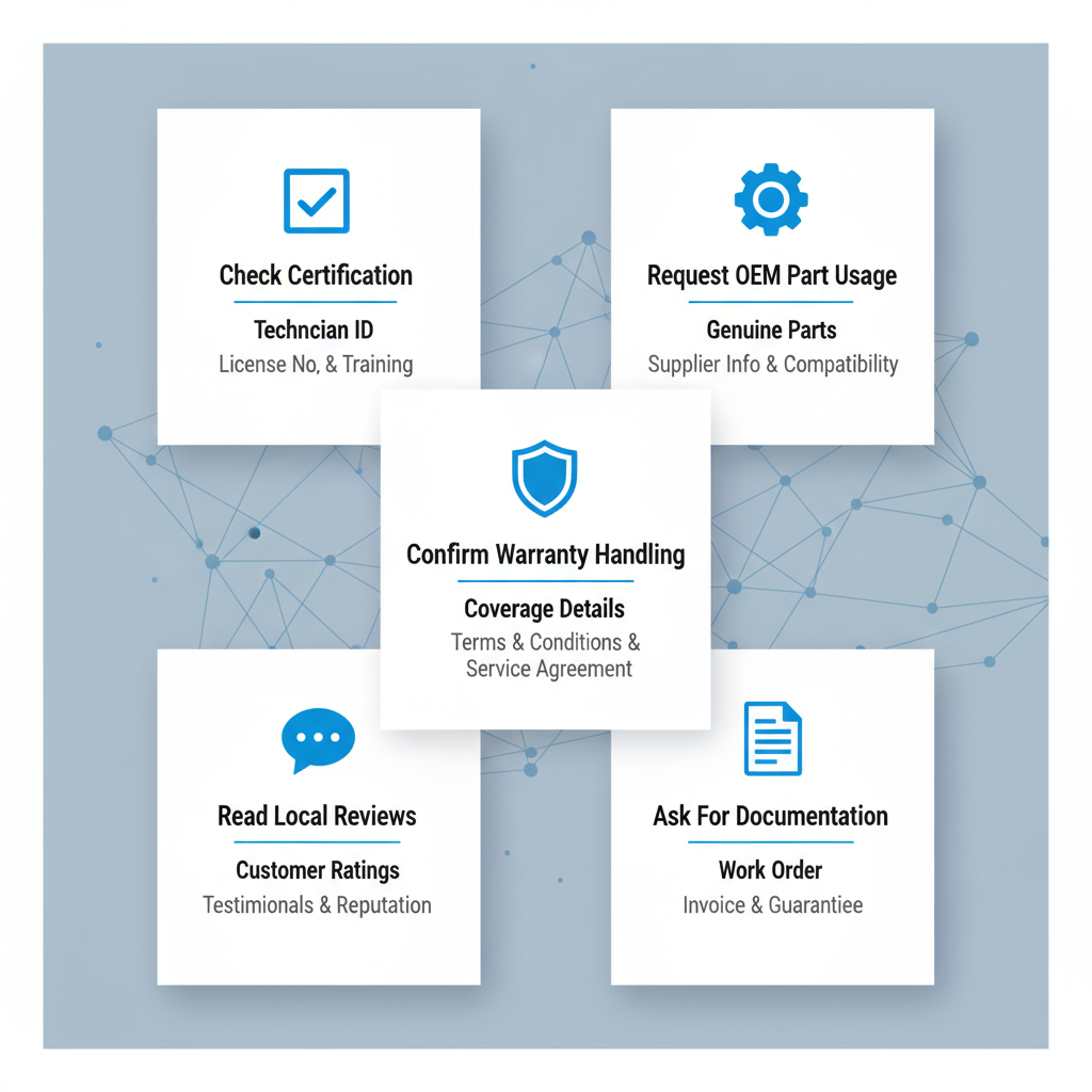 Infographic detailing a 5-step checklist for Winchester homeowners to verify appliance repair technicians, covering certification, OEM parts, warranty, reviews, and documentation.
