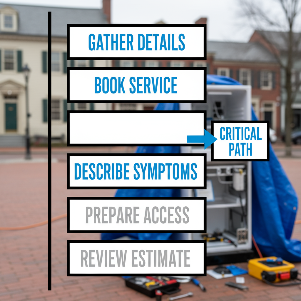 Vertical process flow showing five steps to prepare for a Sub-Zero appliance repair service