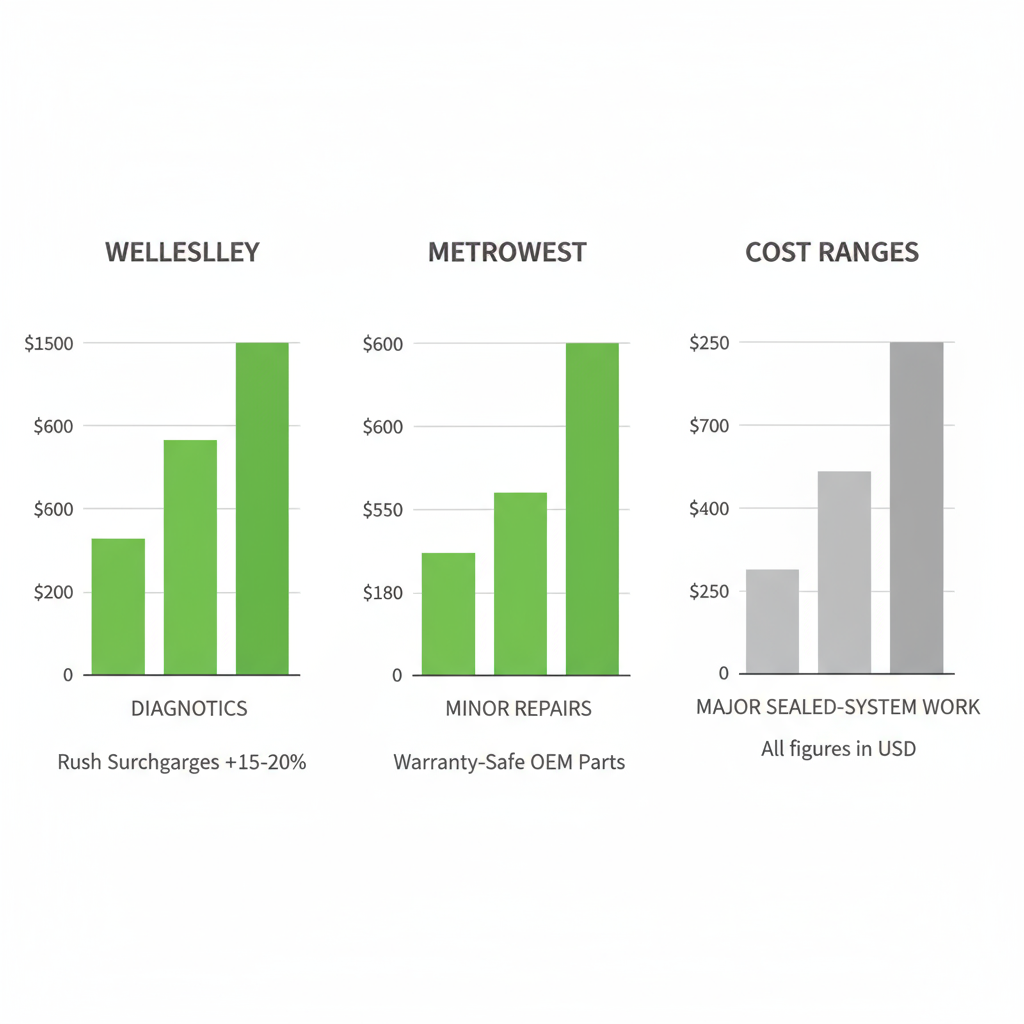 Bar chart visualizing typical repair cost ranges for Wolf appliances, including diagnostics, minor repairs, and major sealed-system work in the Wellesley and MetroWest area.