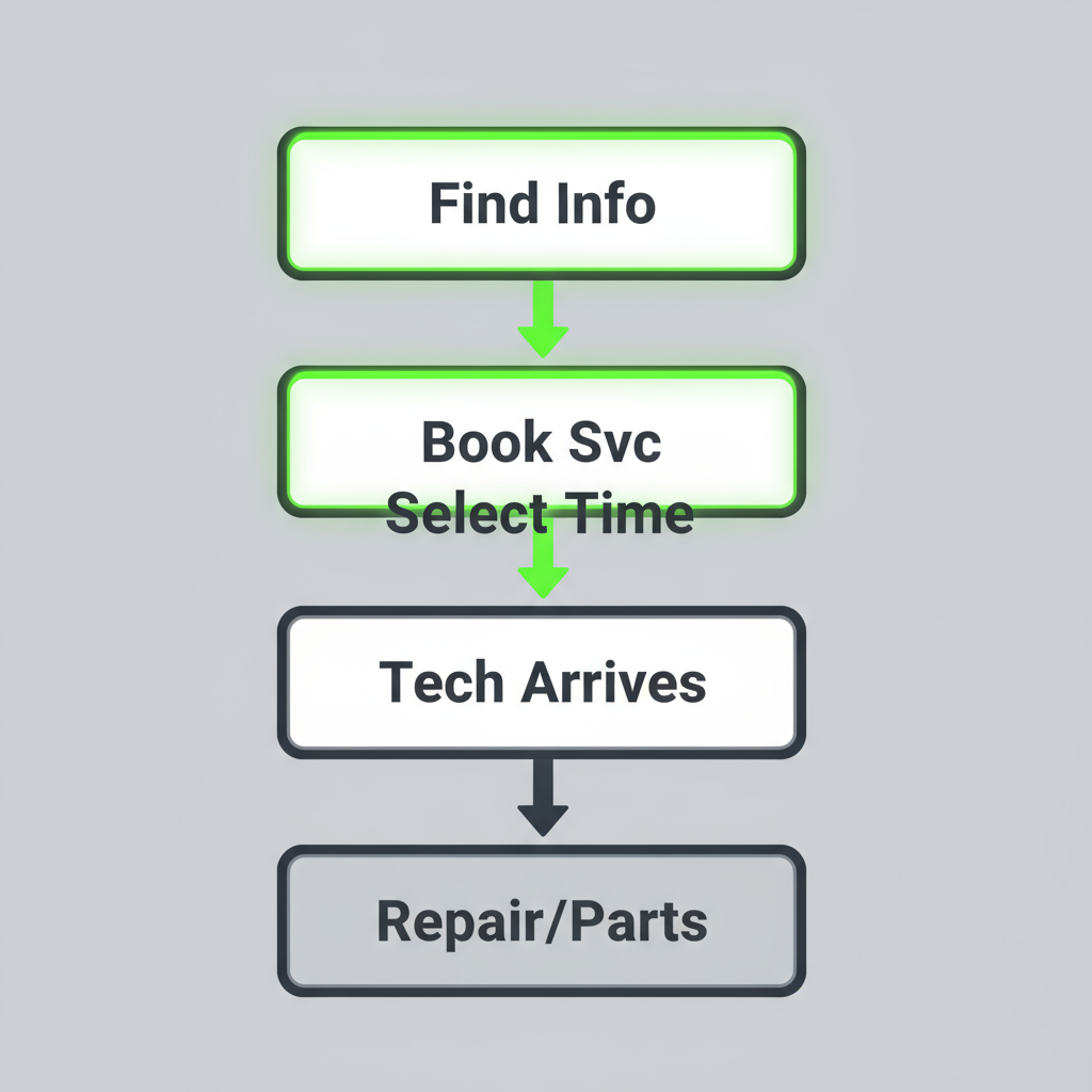 Five-step vertical process flow showing how to schedule Wolf appliance repair service in Frisco, from finding information to repair completion.