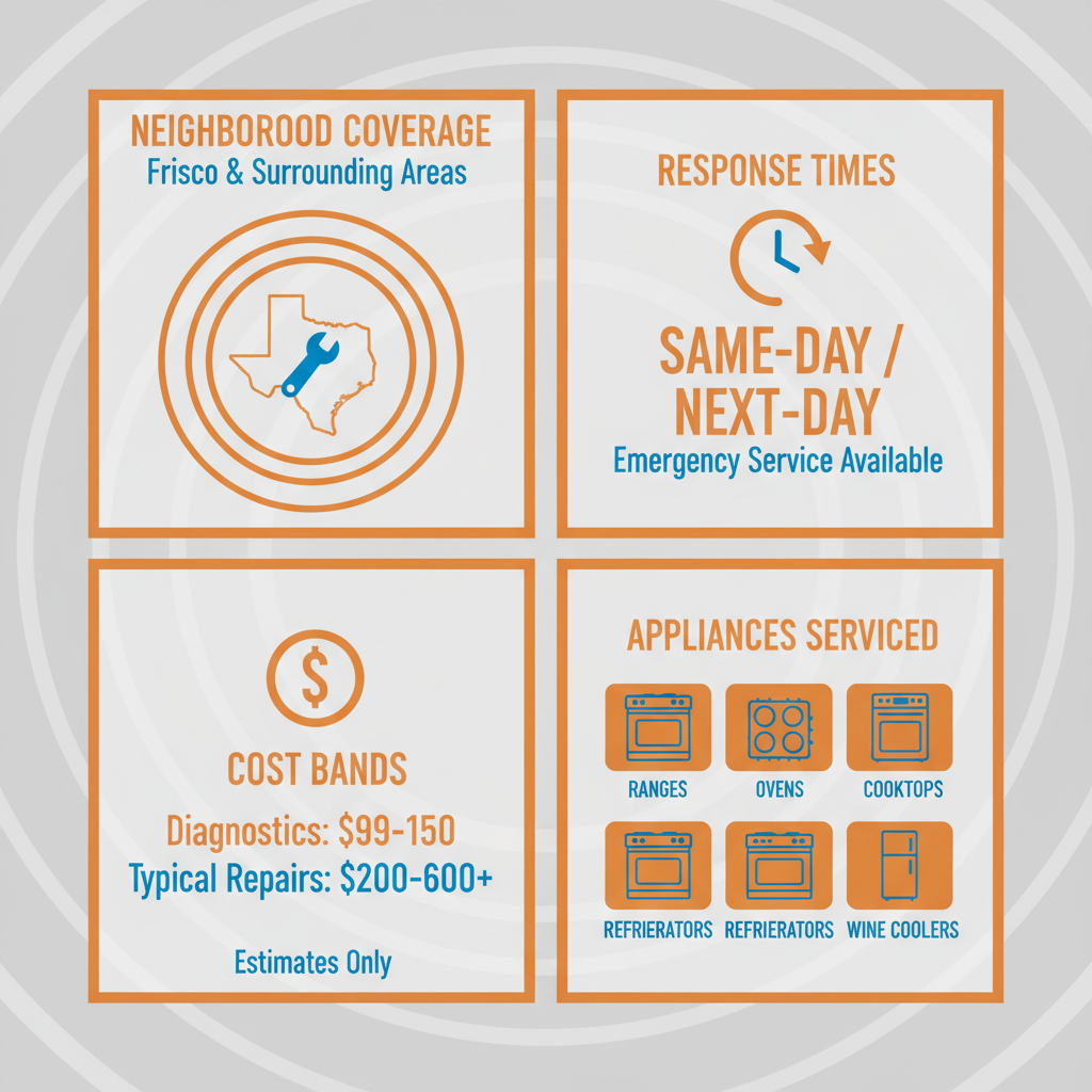 Infographic showing service area, response times, cost estimates, and types of Wolf appliances repaired in San Francisco.
