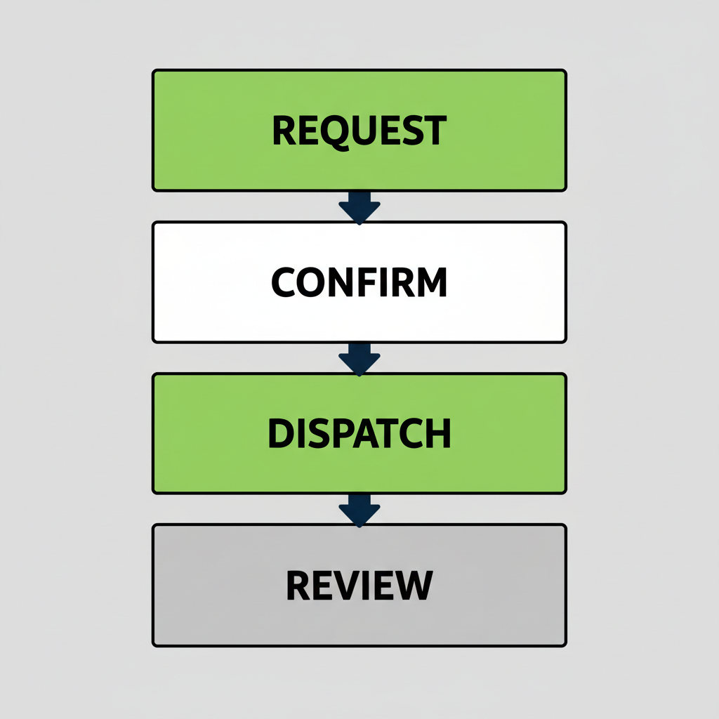 Four-step vertical process flow illustrating booking Sub-Zero appliance maintenance: Request, Confirm, Technician Dispatch, Post-Service Review.