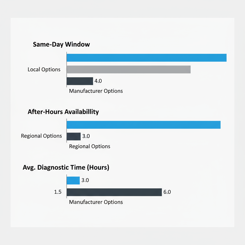 Landscape bar chart comparing appliance repair service response times and coverage for local, regional, and manufacturer options in Winnetka.