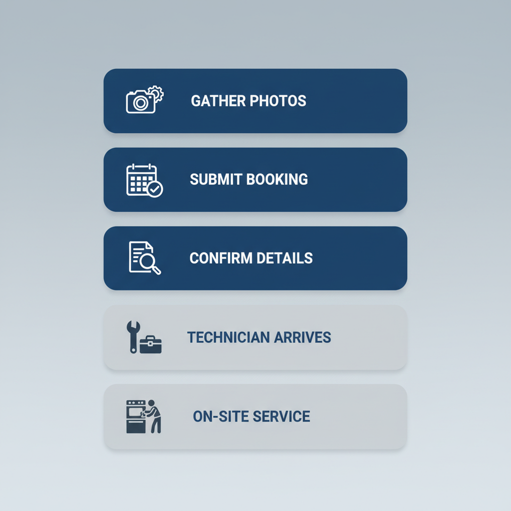Vertical process flow illustrating the 5-step scheduling and service journey for Wolf appliance repair in San Francisco