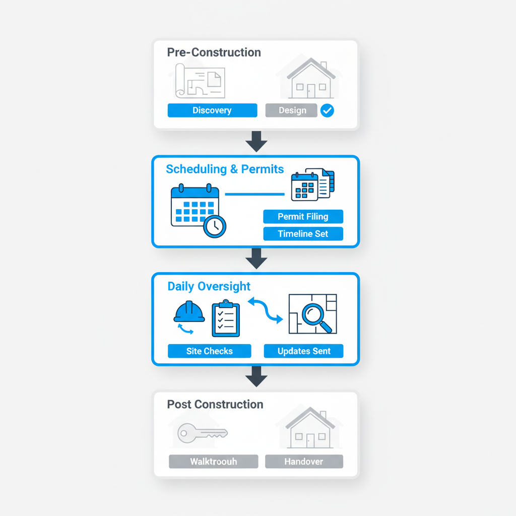 Conquest GBC four-stage remodeling process flow from pre-construction to post-construction walkthrough.