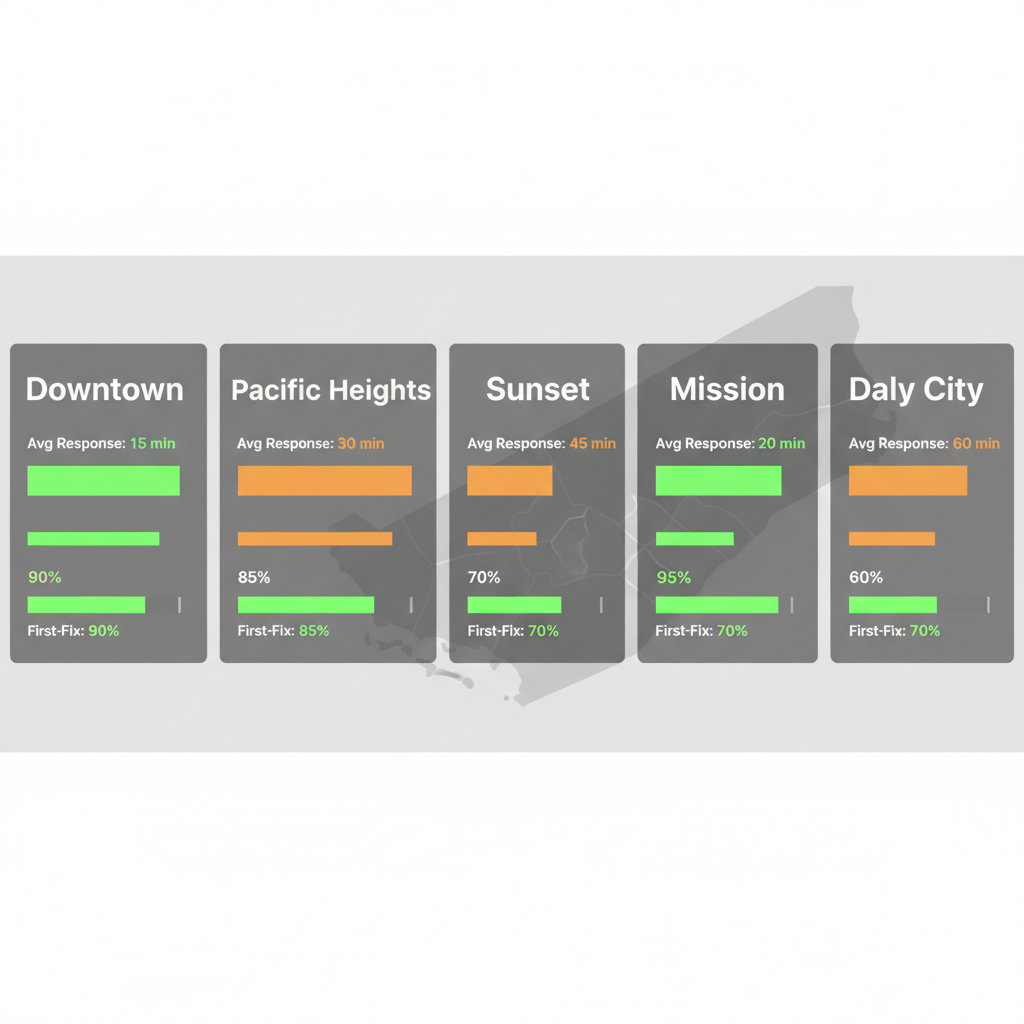 Data visualization showing appliance repair response times and fix rates across San Francisco neighborhoods including Downtown, Pacific Heights, Sunset, Mission, and Daly City.