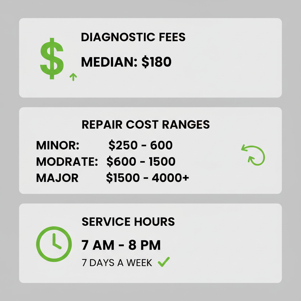 Data visualization depicting typical diagnostic fees, repair cost ranges, and hours of operation for Wolf and Sub-Zero appliance service with same-day availability highlighted.