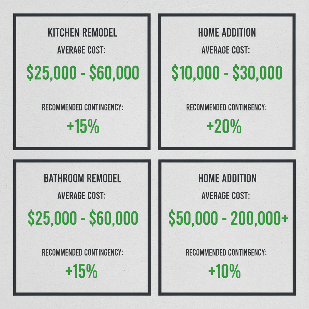 Data visualization depicting typical cost ranges for kitchen remodels, bathroom remodels, and home additions in Simi Valley, including recommended contingency budgets.