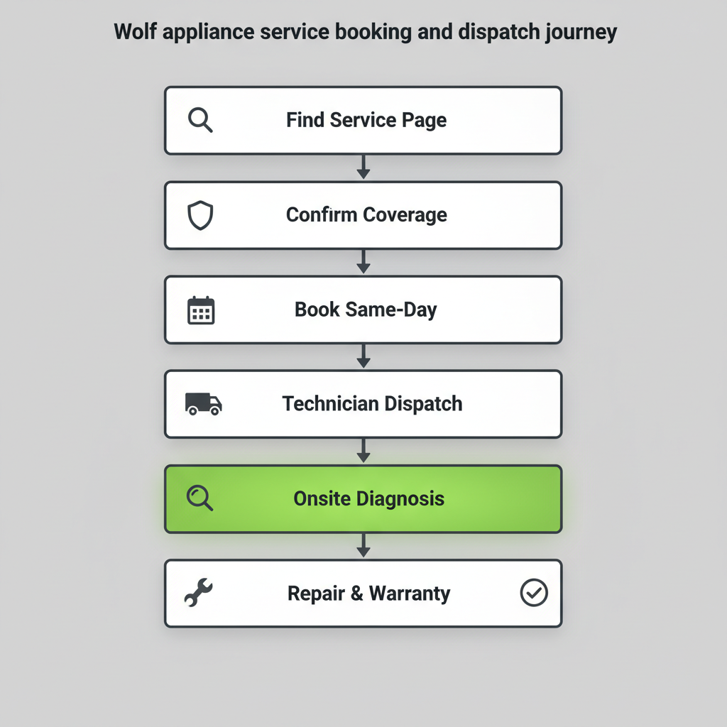 Vertical process flow illustrating the customer journey for Wolf appliance repair service booking and completion.