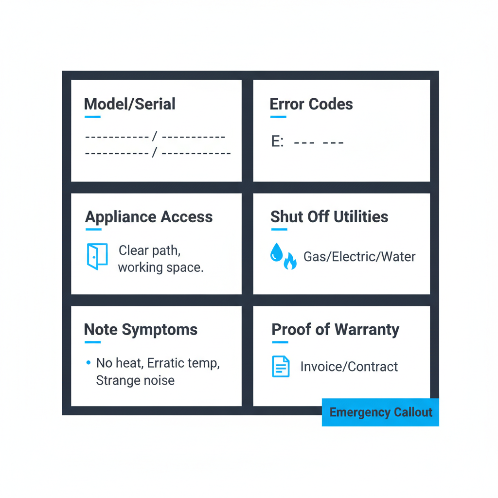 Infographic showing a pre-visit checklist for Wolf range repair services in Steamboat Springs, with icons for each step.