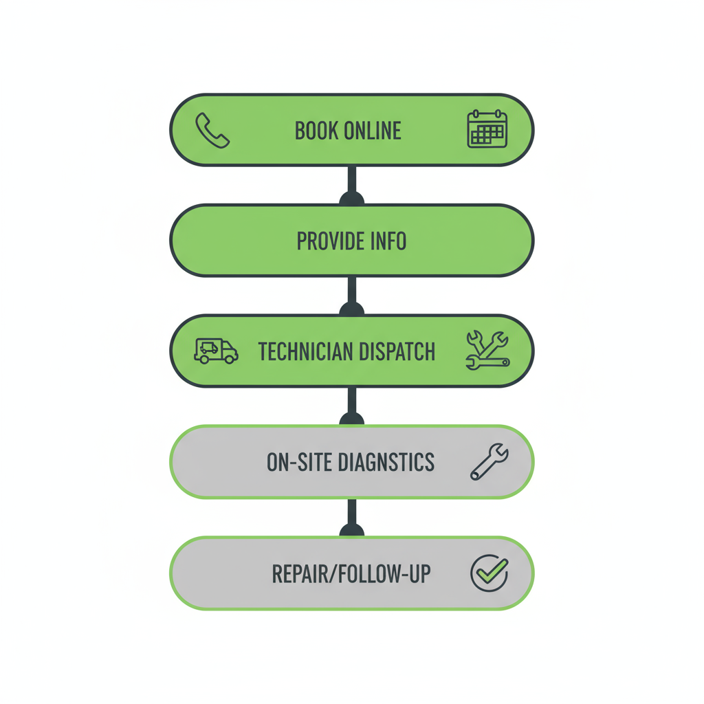 Vertical process flow illustrating 5 steps for booking and completing an appliance repair service.