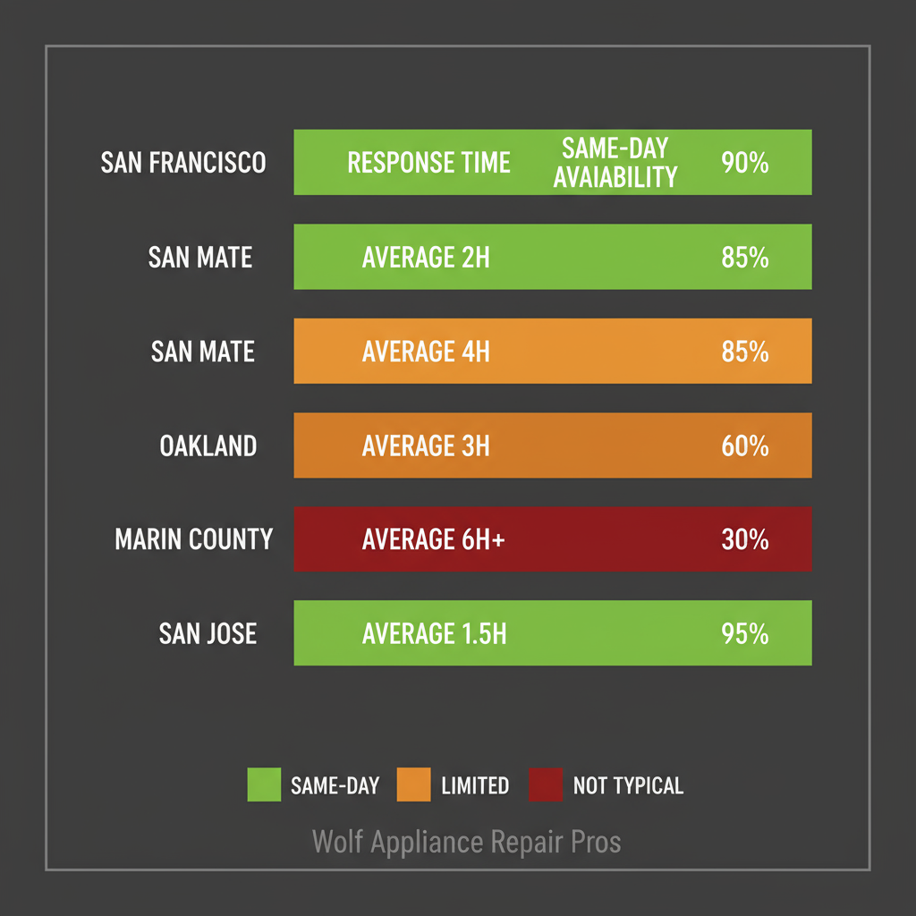 Bar chart illustrating Wolf Appliance Repair Pros' service availability and response times across key Bay Area locations, including San Francisco, Oakland, and San Jose.