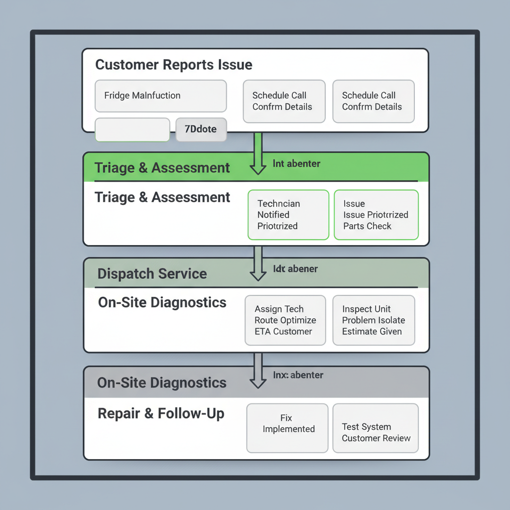 Vertical process flow showing steps for dispatching a Sub-Zero appliance repair technician, from customer report to completed service.