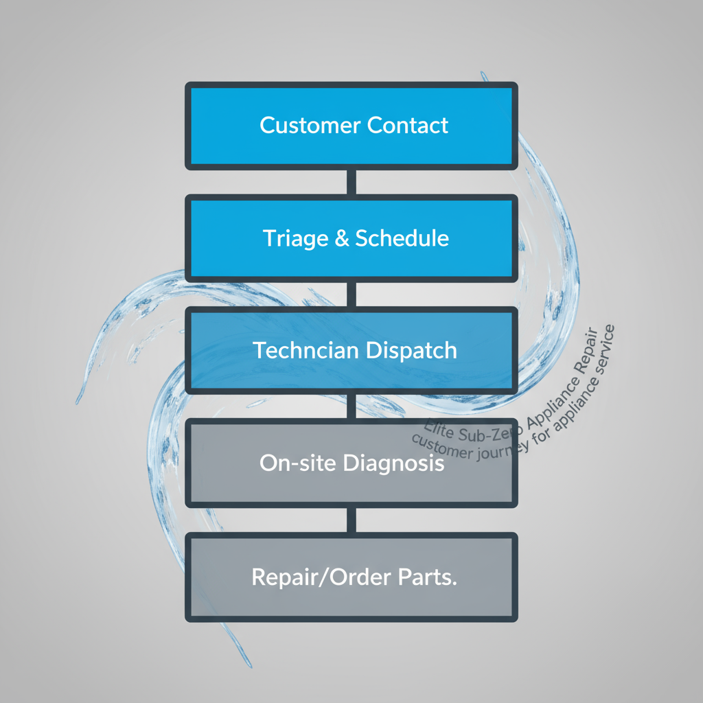 Vertical process flow detailing the 6 step customer journey for Elite Sub-Zero Appliance Repair, from initial contact to warranty documentation.