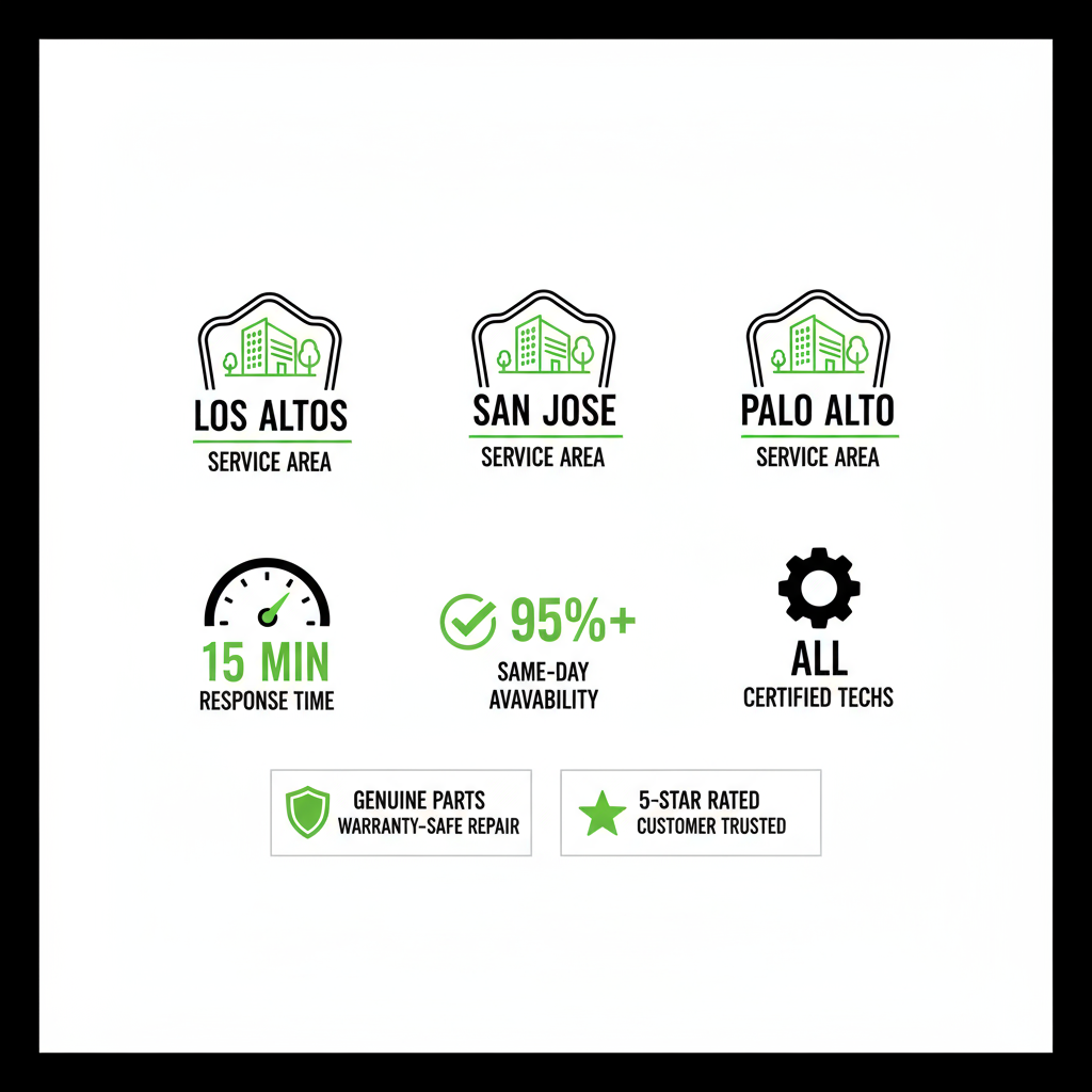 Icon set visualizing service areas and quick stats for Elite Sub-Zero Appliance Repair, including Los Altos, San Jose, Palo Alto badges and metrics like response time.