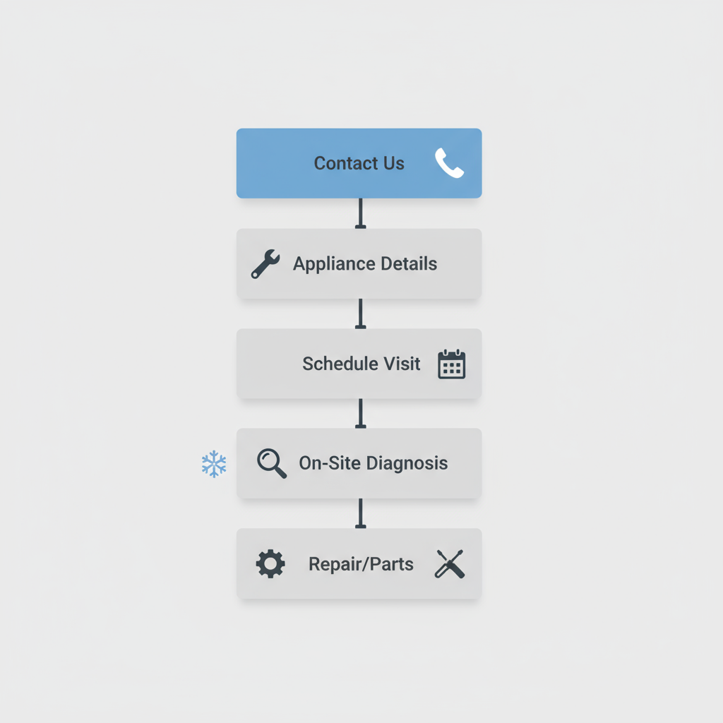 Five-step vertical process flow showing how to request appliance repair service from Elite Sub-Zero Appliance Repair, from initial contact to final repair.