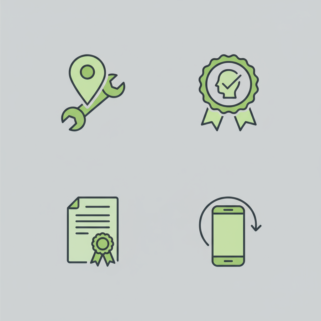 Five square icons illustrating key service features: cities covered, typical repairs performed, certified technicians, warranty provided, and contact information, set against a clean background.