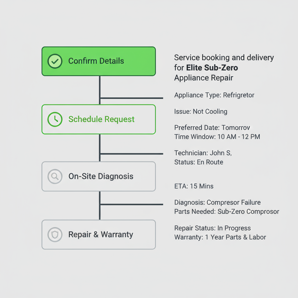 Vertical process flow illustrating 5 steps for booking and receiving Sub-Zero appliance repair service, from confirming details to repair completion.
