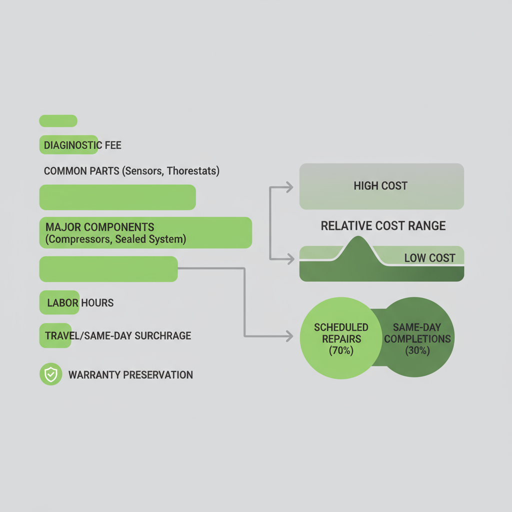 Data visualization showing cost factors for Sub-Zero appliance repairs including diagnostics, parts, labor, and service surcharges.