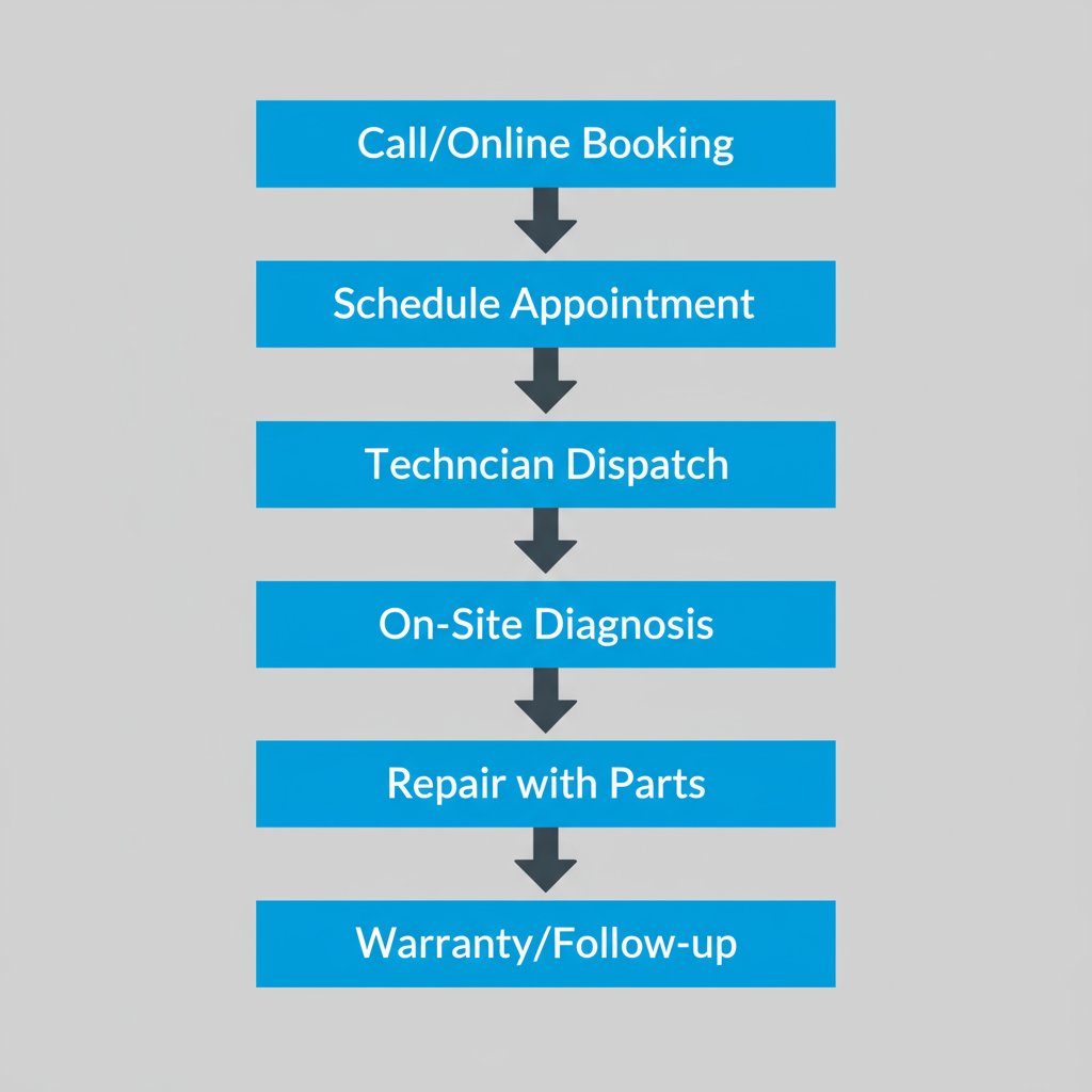Vertical process flow illustrating the steps to book and complete an appliance repair service with Elite Sub-Zero Appliance Repair.