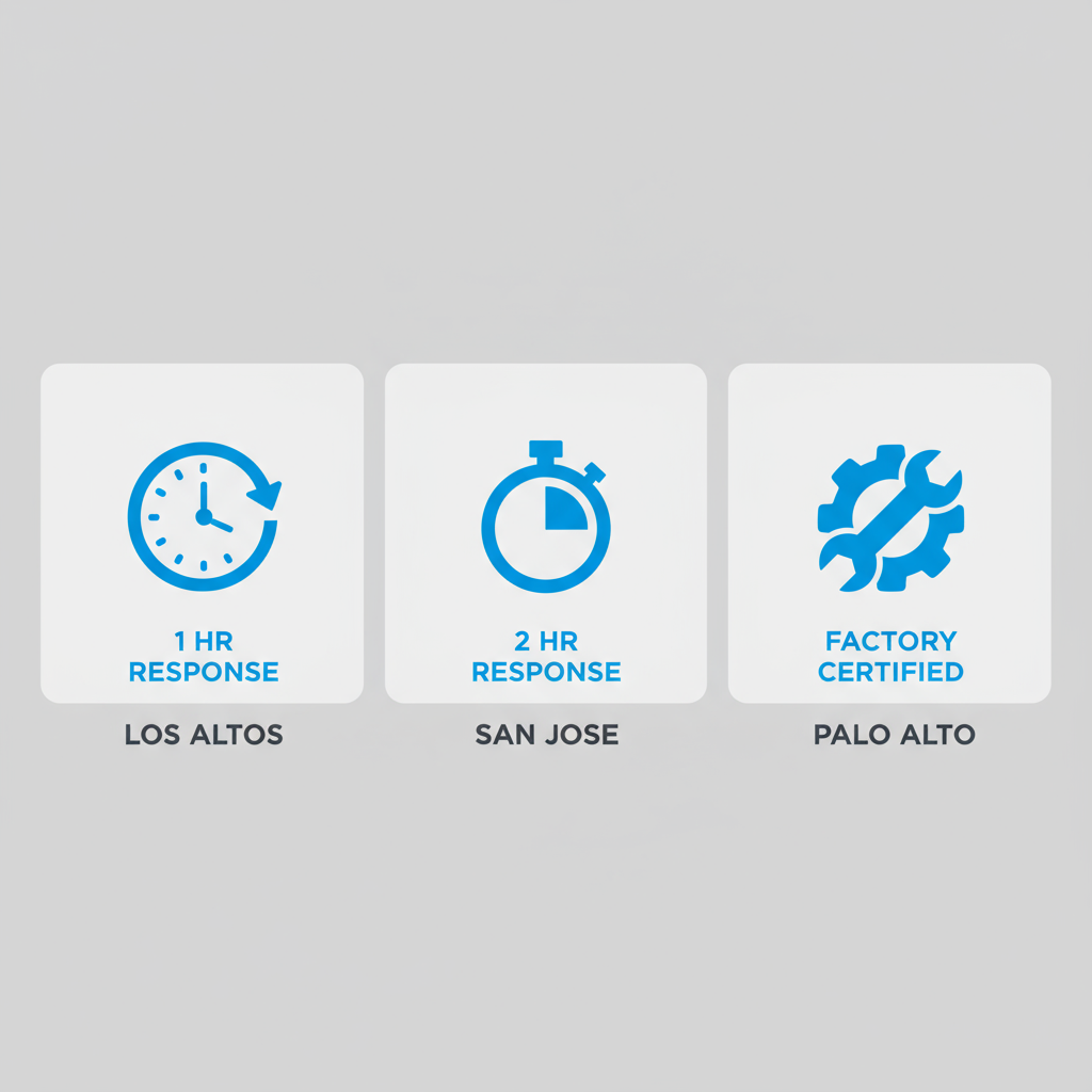 Infographic showing Los Altos, San Jose, and Palo Alto service areas with response times and certifications for Sub-Zero Appliance Repair