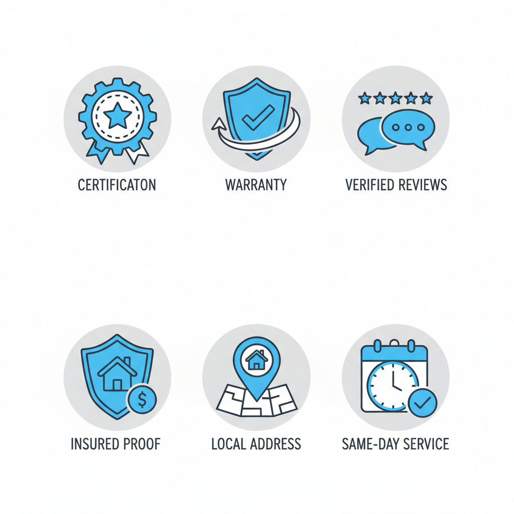 Six icons representing trust signals for local appliance technicians: certification, warranty, reviews, insurance, local presence, and same-day service.