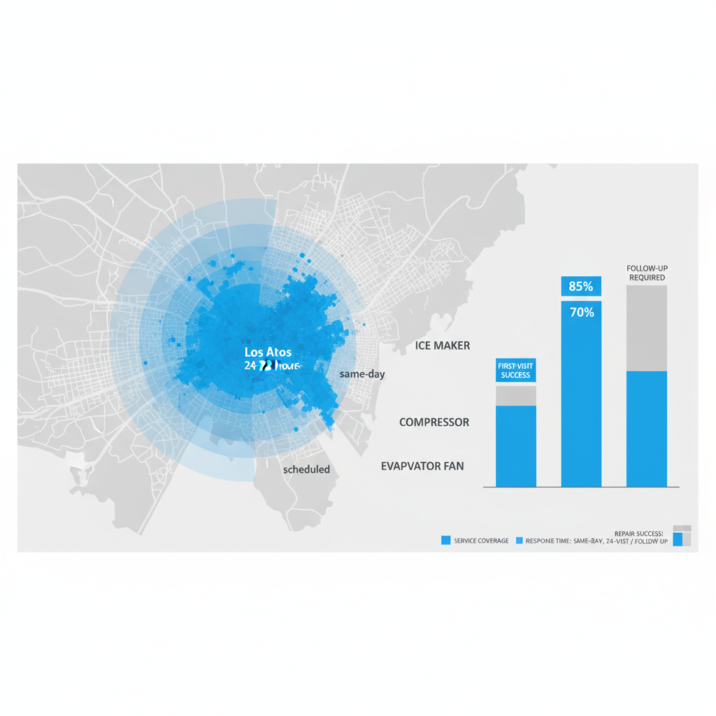 Data visualization depicting Elite Sub-Zero Appliance Repair's service area coverage across Los Altos, Palo Alto, and San Jose, showing response times and repair success rates for various appliance issues.