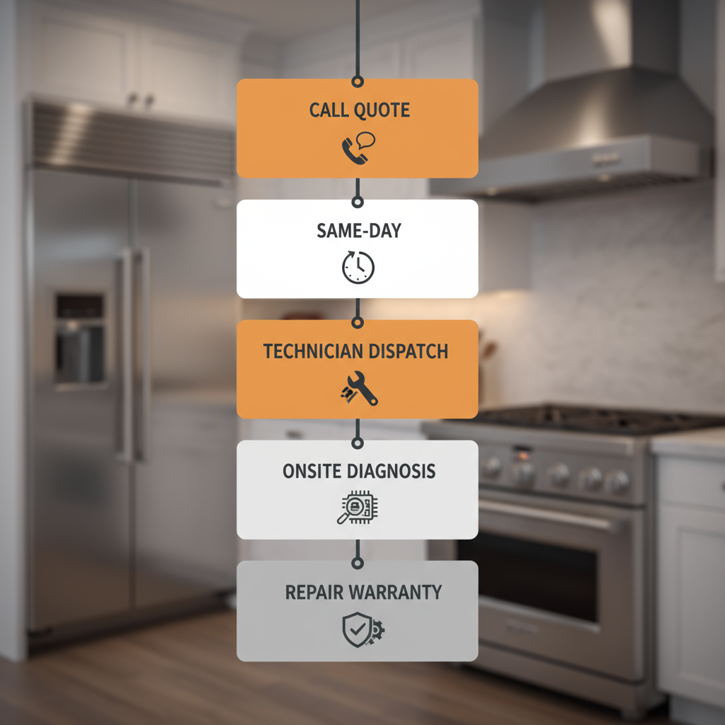 Vertical process flow illustrating the 5-step appliance repair journey from initial call to warranty completion for Sub-Zero and Wolf appliances.