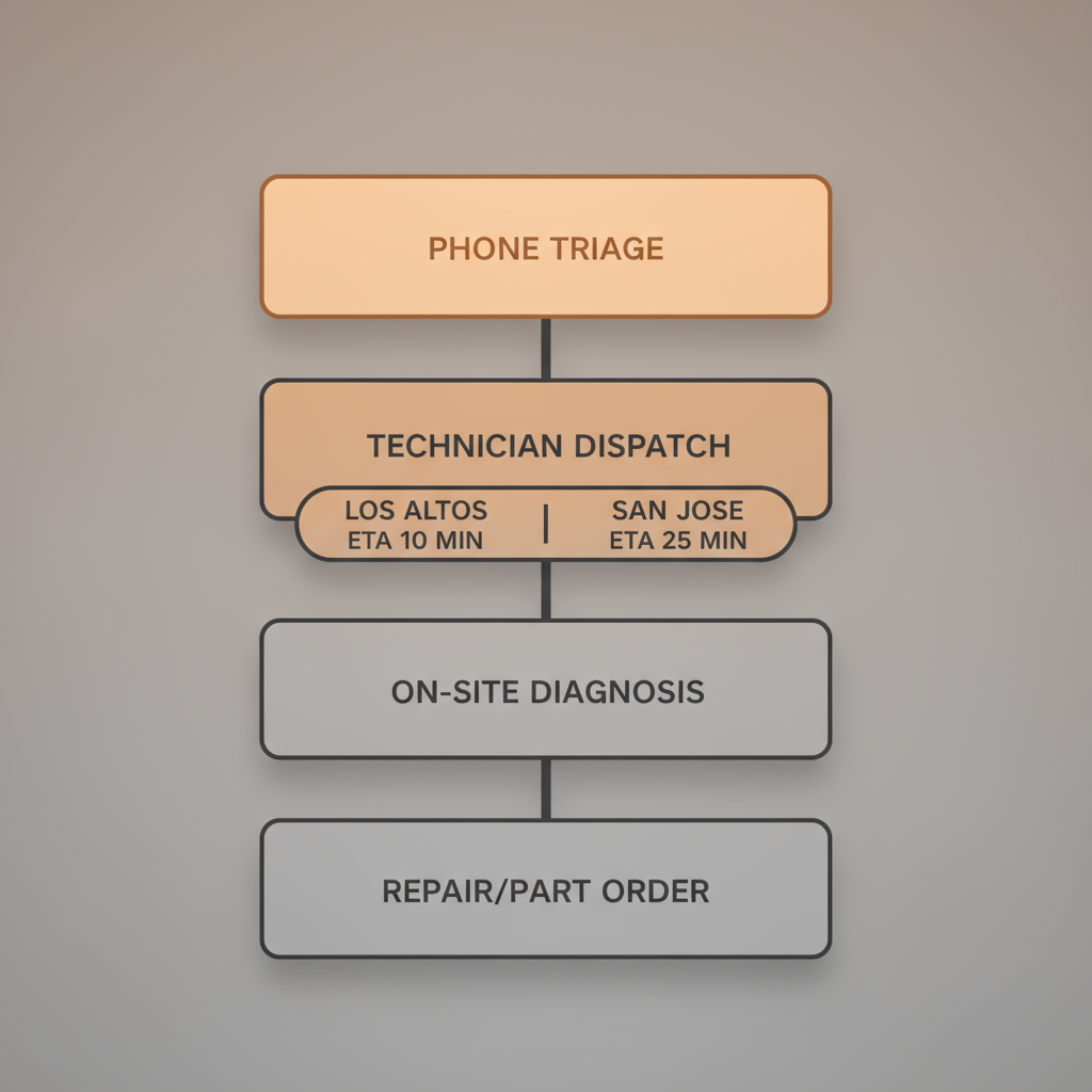 A 5-step vertical process flow showing Elite Sub-Zero Appliance Repair's booking and dispatch journey, from phone triage to repair completion, including ETA badges.