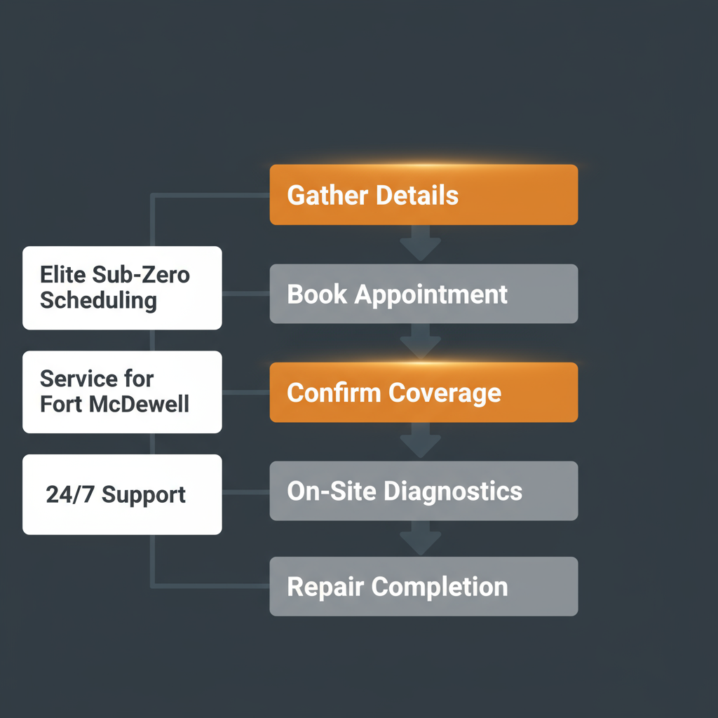 Vertical process flow illustrating the five steps for scheduling an Elite Sub-Zero appliance repair service.