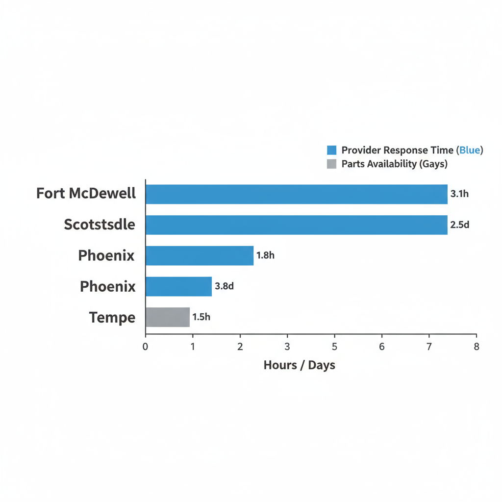 Landscape bar chart comparing appliance repair service response times and parts availability across Fort McDowell, Scottsdale, Phoenix, and Tempe.