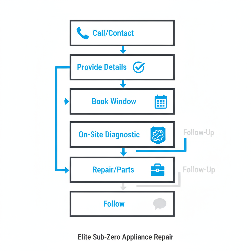 Vertical process flow illustrating the six steps to schedule appliance repair with Elite Sub-Zero Appliance Repair, from initial contact to follow-up.