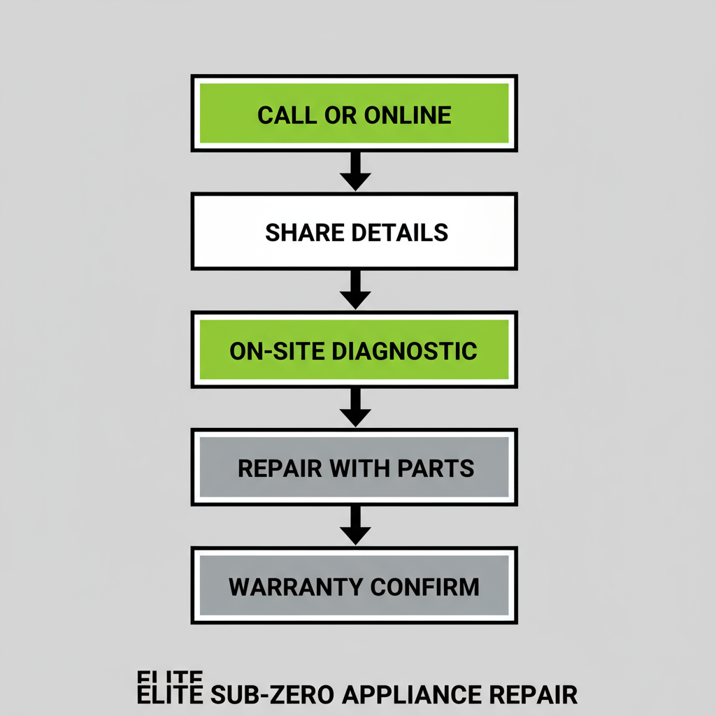 Vertical process flow illustrating the five steps of Elite Sub-Zero Appliance Repair's customer service journey.