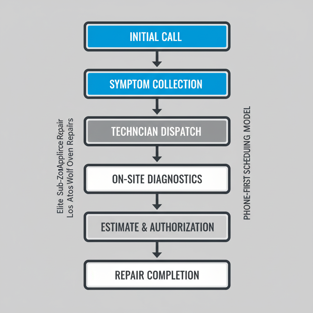 Process flow depicting 6 steps for booking appliance repair service, from initial call to repair completion.