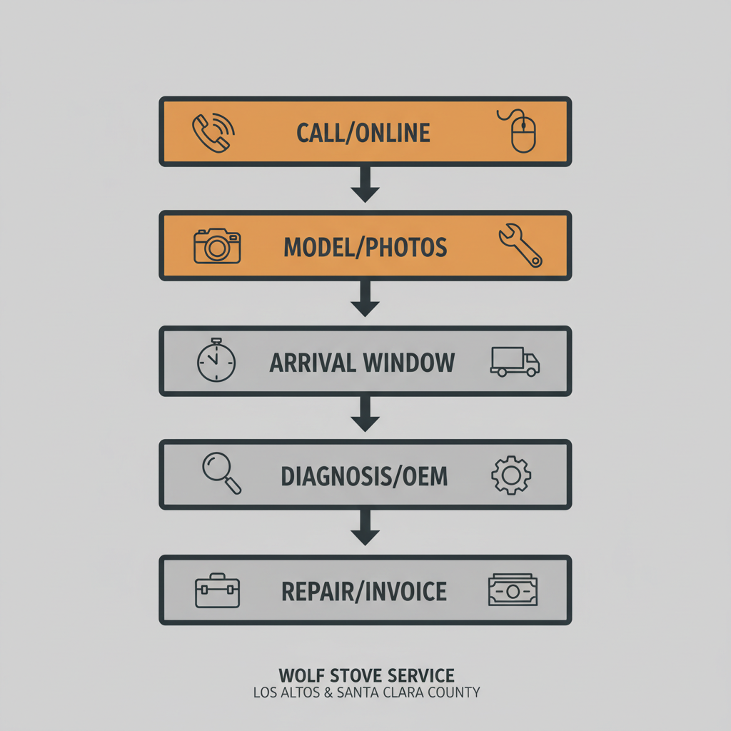 Vertical process flow illustrating the 5-step booking and repair journey for Wolf stove service, including call, model photos, arrival, diagnosis, and final repair.