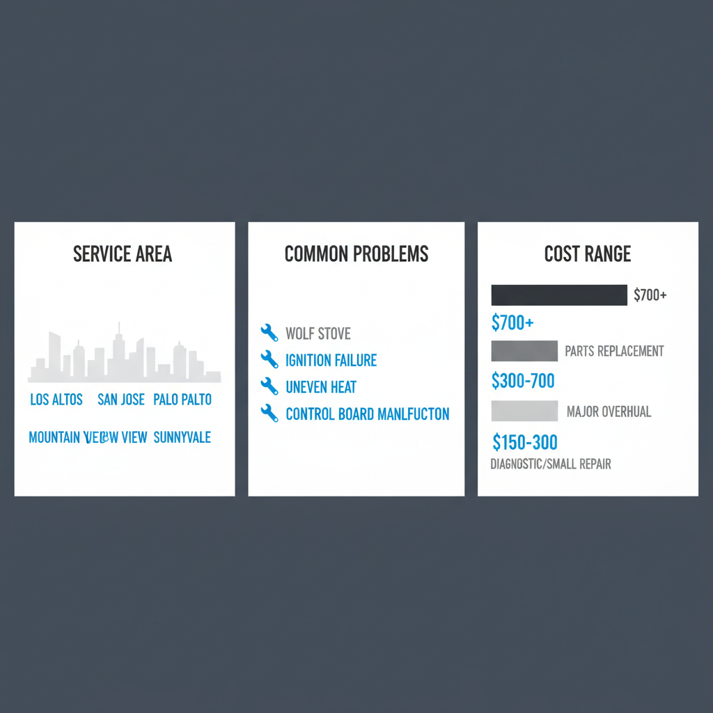 Infographic showing service areas, common Wolf stove problems, and cost ranges for appliance repair.