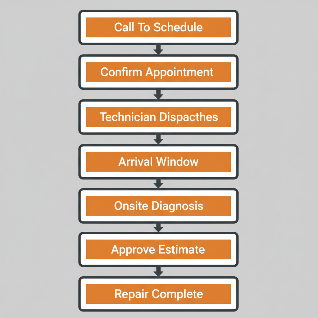 Vertical process flow illustrating the 7 steps of Elite Sub-Zero Appliance Repair's service, from scheduling to repair completion.